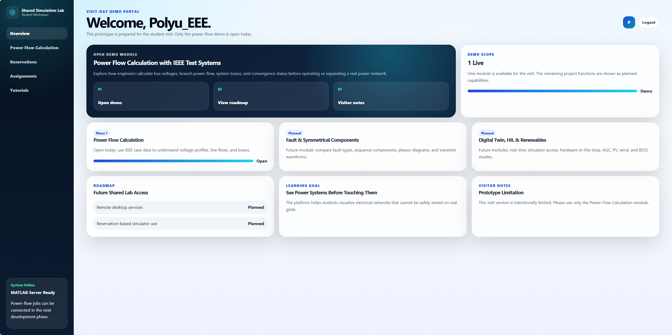 Shared Simulation Lab dashboard overview